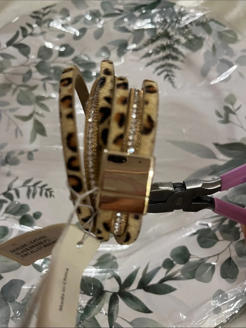 SAACHI Beige and Gold Leopard Print Wrap-Around Bracelet